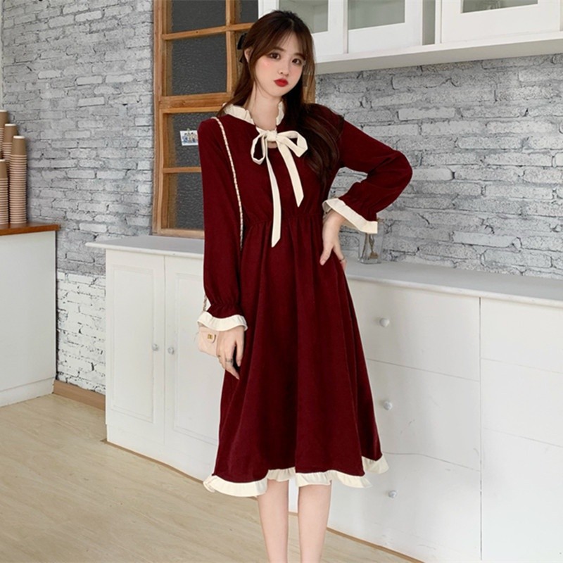 (COD) French sisters Over Knee Tie Bow Dress Women's Waist Collegiate Dress
