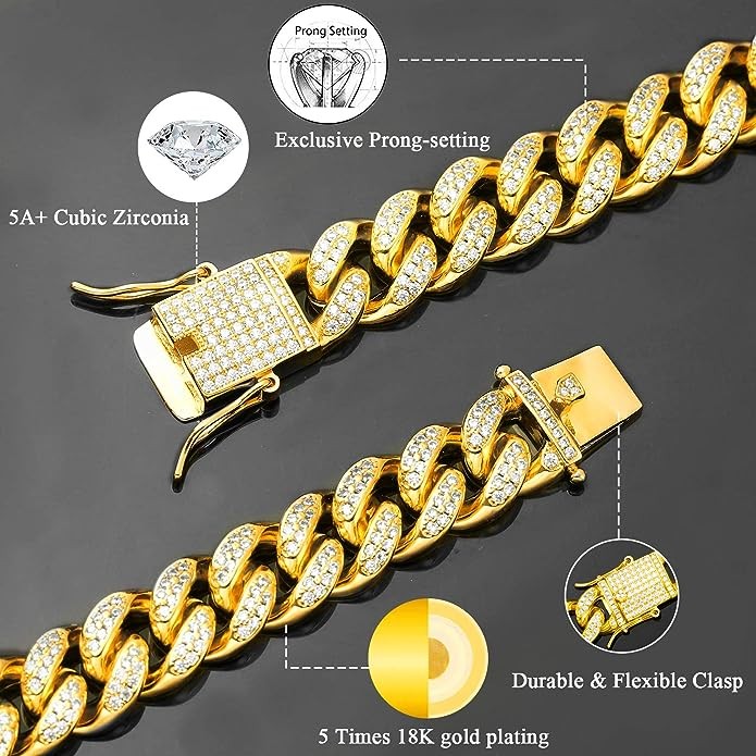 TRIPOD JEWELRY Hip Hop 12mm 10mm Real White Gold18K GoldRose Gold Plated Iced Out Miami Cuban Link Chain Necklace or Bracelet Diamond CZ Choker for Men Women