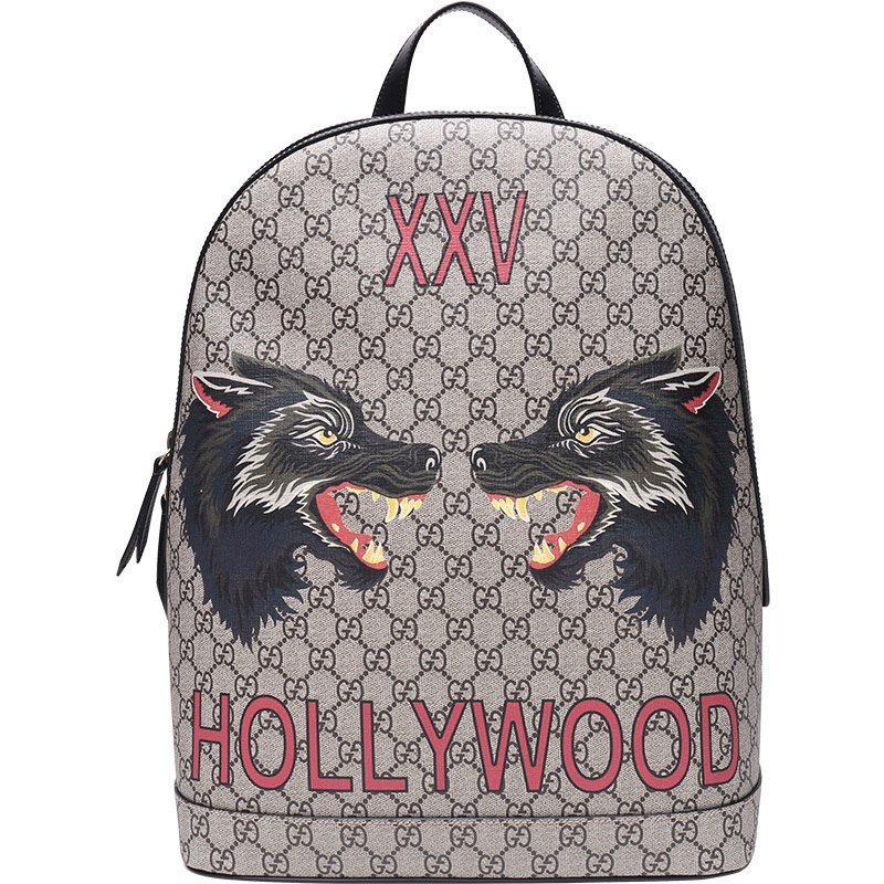 GUCCI Men's beige ebony GG wolf head print faux canvas backpack 419584 9HUAT 8697