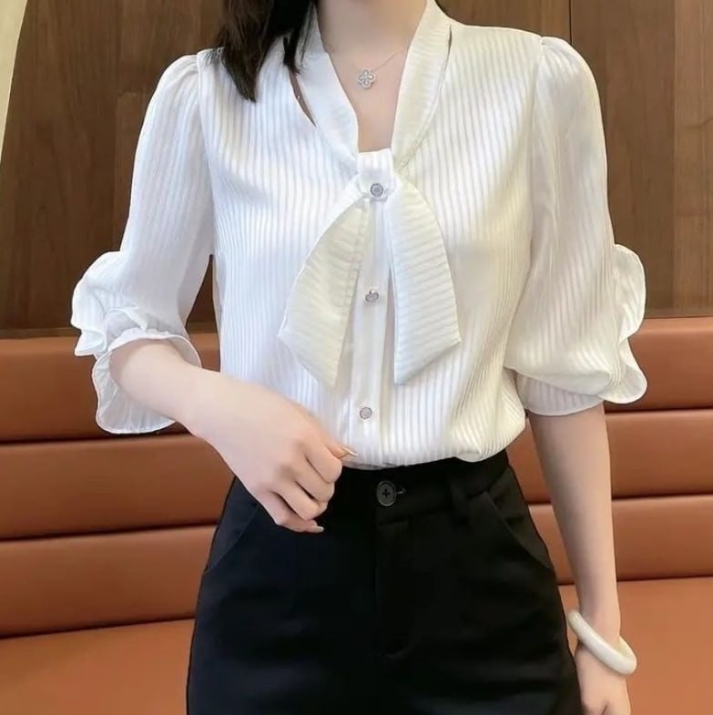 34 long sleeve ormal white formal blouse for women plus size,Three-quarter sleeve bow-knot chiffon loose korean casual office plain