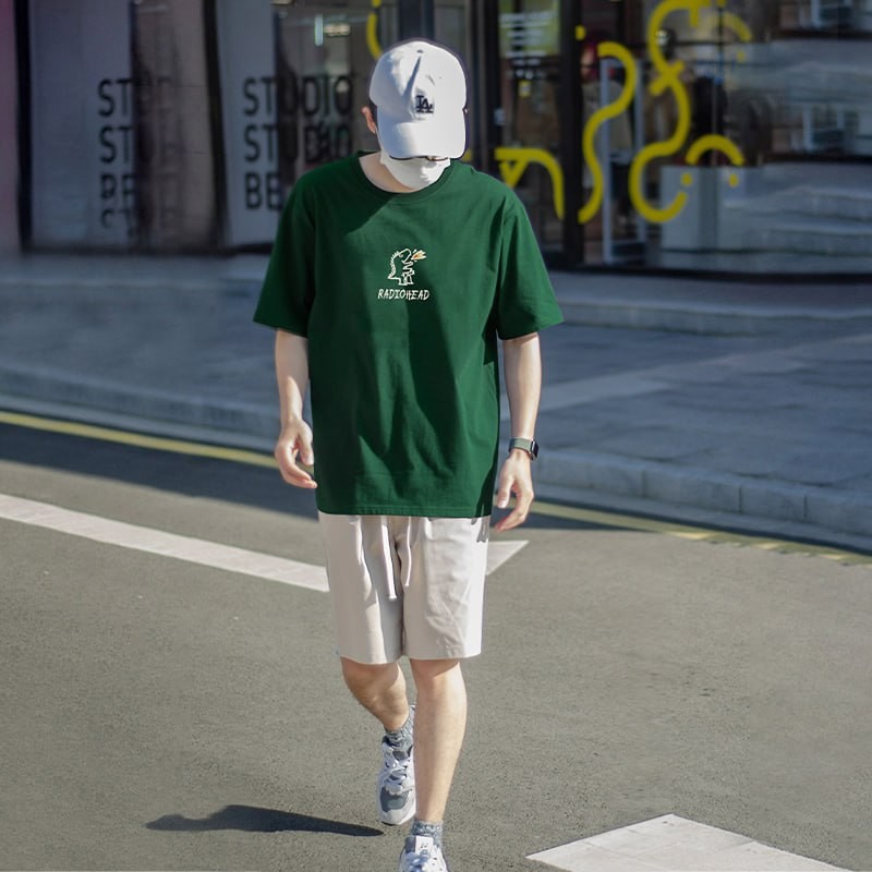 Radiohead short-sleeved t-shirt men's pure cotton dark green bottoming shirt small dinosaur print tide brand top 23 summer new