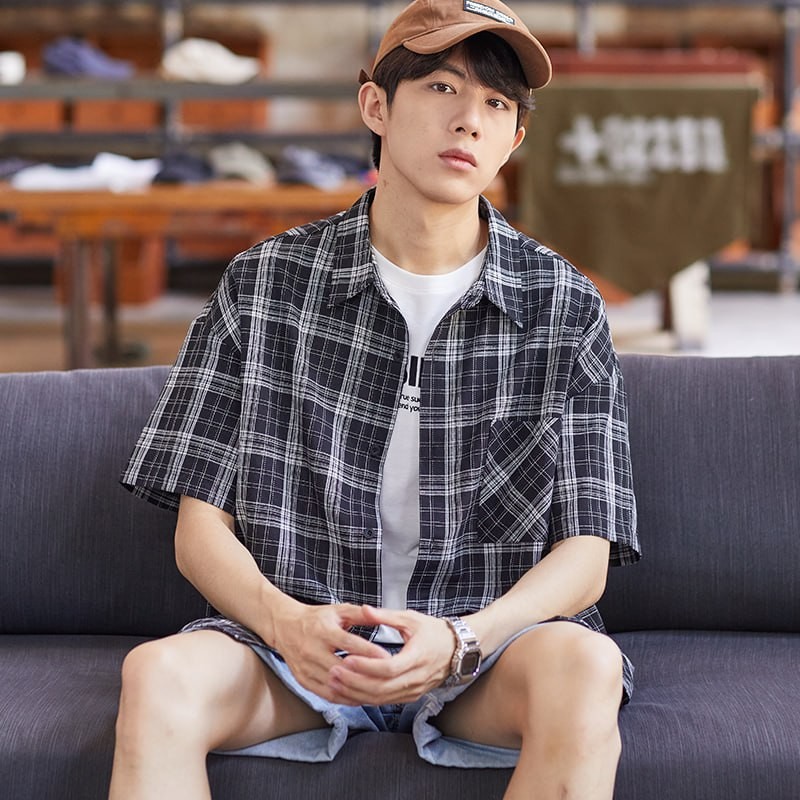 Tang Lion 2023 summer new short-sleeved shirt men's casual lapel plaid shirt men's Hong Kong style pattern men's shirt