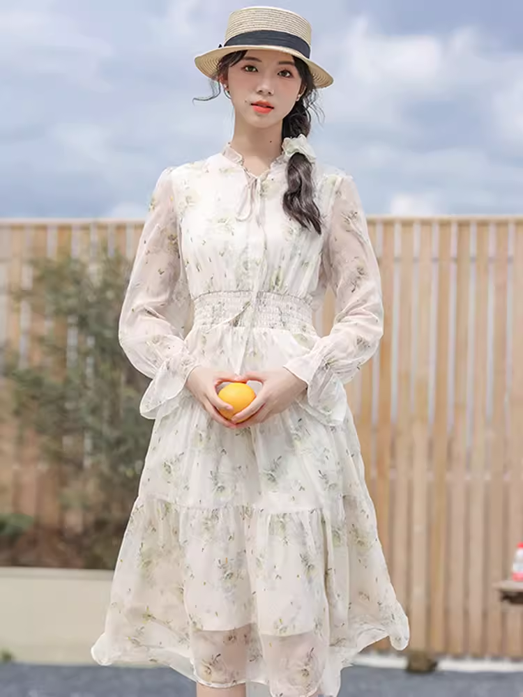 French Tea Break Floral Literary Long Sleeve Chiffon Dress Women's 2023 Autumn New Fairy A-Line Skirt