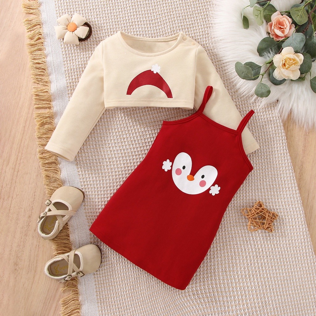Christmas Baby Girl Dress 3 24 Months Penguin Pattern Sling Dress and Long Sleeve Tops 2pcs Baby Clothes Set Red Dress for Baby Girl