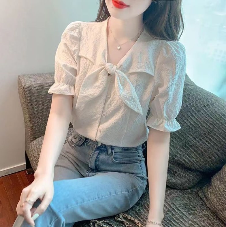 short sleeve ormal white formal blouse for women plus size,Three-quarter sleeve bow-knot chiffon loose korean casual office plain Bow Fashionable