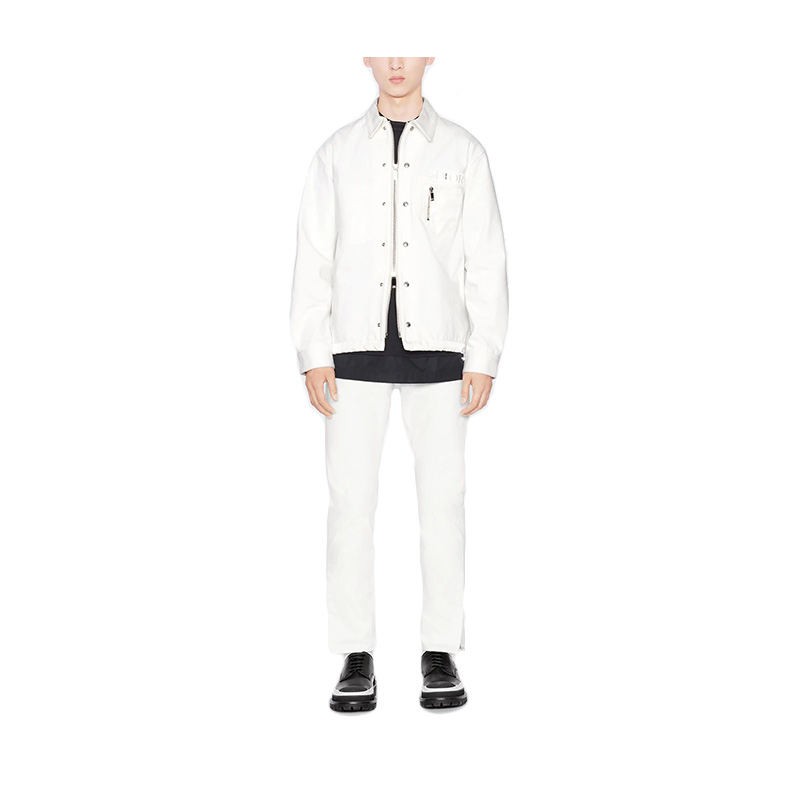 DIOR Men's white cotton denim mid-rise slim fit trousers with concealed buttons at the cuffs.