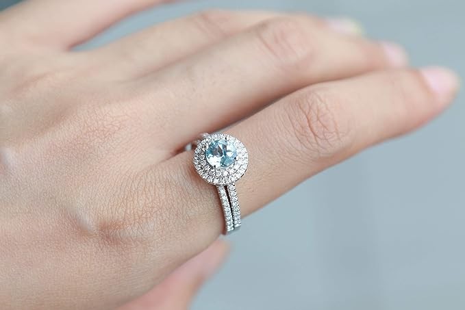 Gin and Grace 14K White Gold Genuine Aquamarine Ring with Diamonds for women Ethically, authentically & organically sourced (Round-cut) shaped Aquamarine hand-crafted jewelry for h