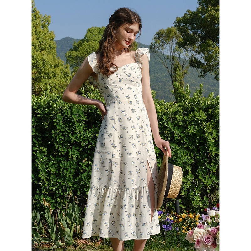 korean floral long dress for woman casual party cocktail dress formal sexy fitted dress with slit XL