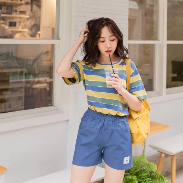 High cotton loose color striped short-sleeved top
