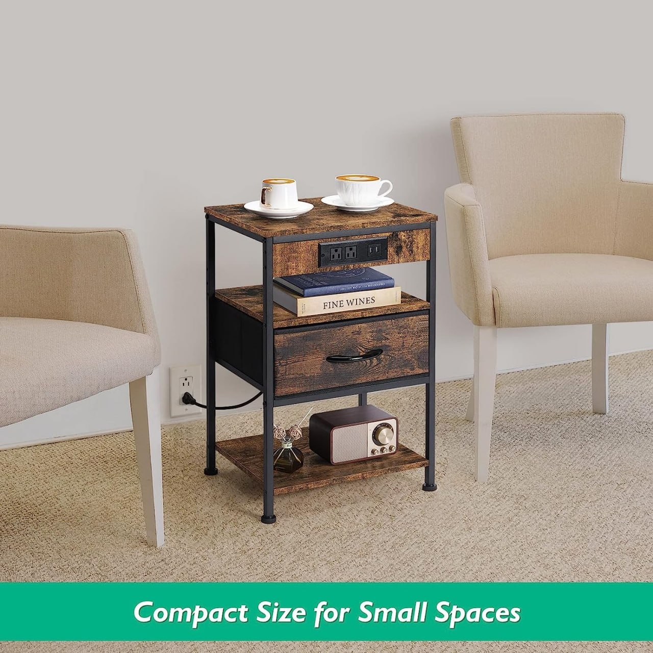 Nightstands Set of 2 with Charging Station, End Table Bedroom Bedside Table with USB Ports, Industrial Nightstand with Drawers Small Side Table with Power Outle