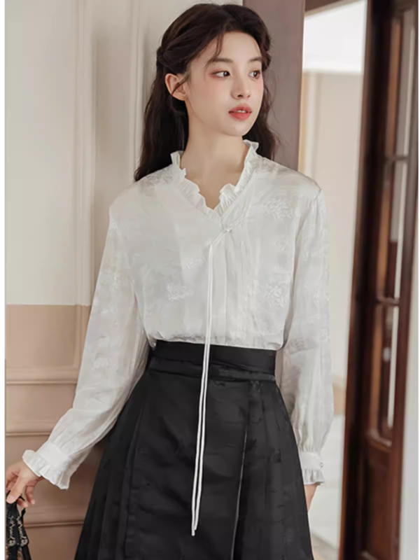 New Chinese style national style top with horse skirt, white long-sleeved shirt with earrings, women's design, niche