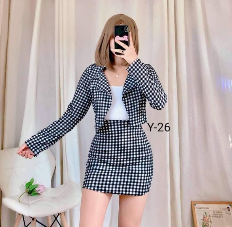 ATtrendS 3in1 Plaid Plain Gingham checkered long sleeves blazer crop & skirt coords KIERA BELLA KATE