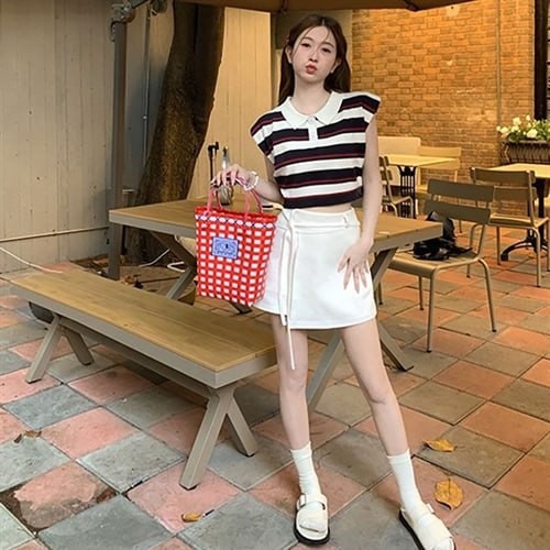 Summer Qingyu contrast color polo collar striped t-shirt short loose sleeveless knitted vest outerwear women's summer