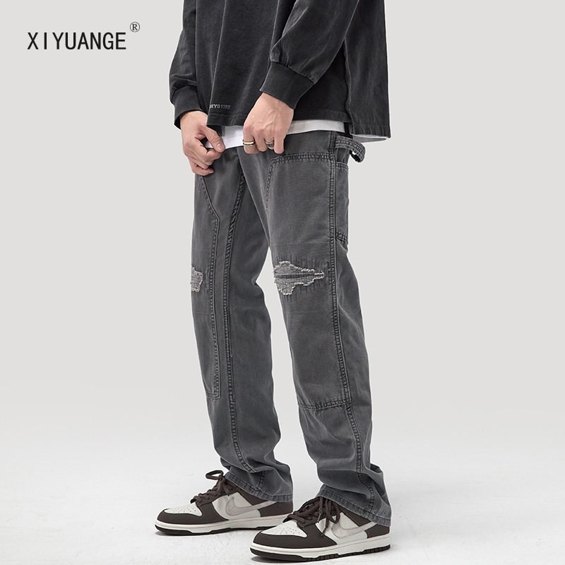Xiyuange 2023 Spring New Retro Overalls Men's Personality Stitching Hole Straight Pants Hong Kong High-end Trendy Brand Youth All-Match Loose Casual Pants