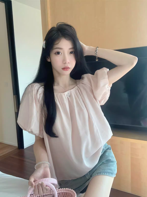 French puff sleeve pink shirt women's summer 2023 new loose design niche sweet short-sleeved top