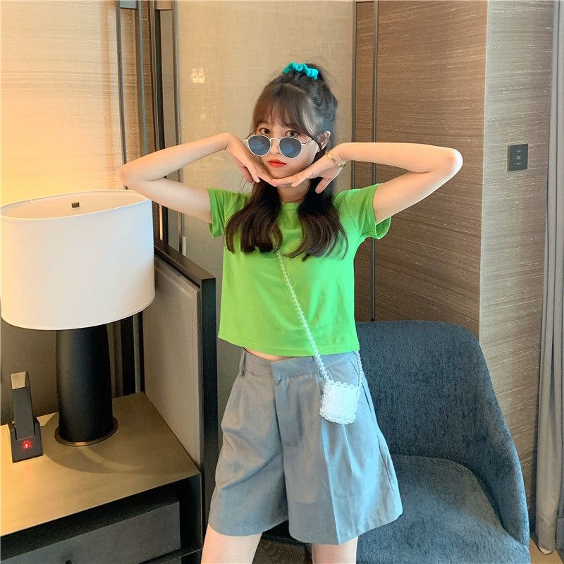 2024 short short-sleeved ins super hot candy color high waist baroque solid color top boudoir honey dress women's spring and summer t-shirt women