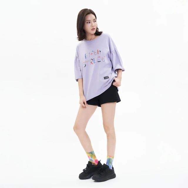 5th STREET Women's Color LOGO English Printing Wide Short Sleeve T-Shirt - Purple (Yamagata Series)