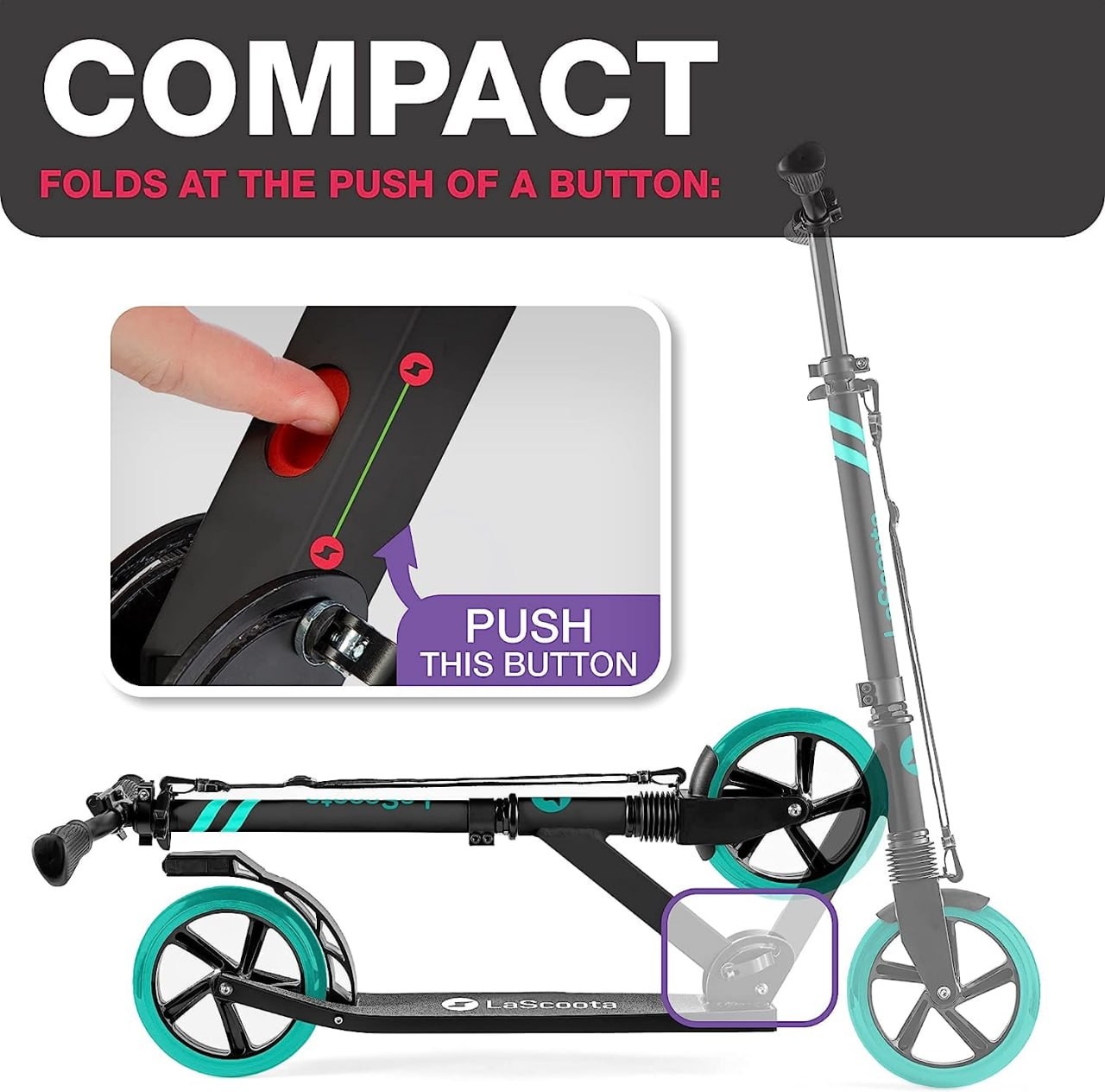 LaScoota Kick Scooter for Adults & Teens. Perfect for Youth 12 Years and Up and Men & Women Lightweight Foldable Adult Scooter with Large 8” Wheels 220lbs