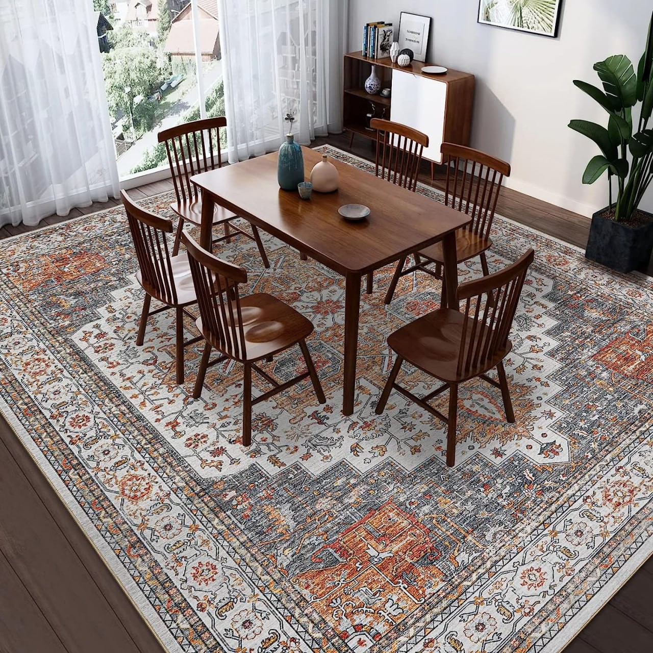 Area Rugs for Living Room 9x12 Rug for Bedroom Machine Washable with Non Slip Backing Non Shedding, Boho Medallion Floral Large Carpet for Dining Room Nursery Home Offi