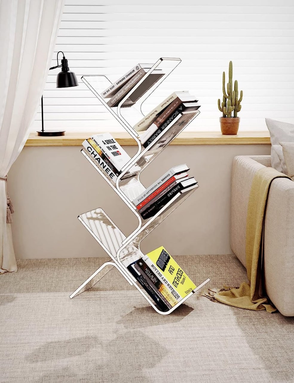 solaround Acrylic Tree Bookcases Modern Clear Wall Bookshelf Standing Bookcase Tree Organizer Decorative Storage Rack(6-Tier Floor, Clear)