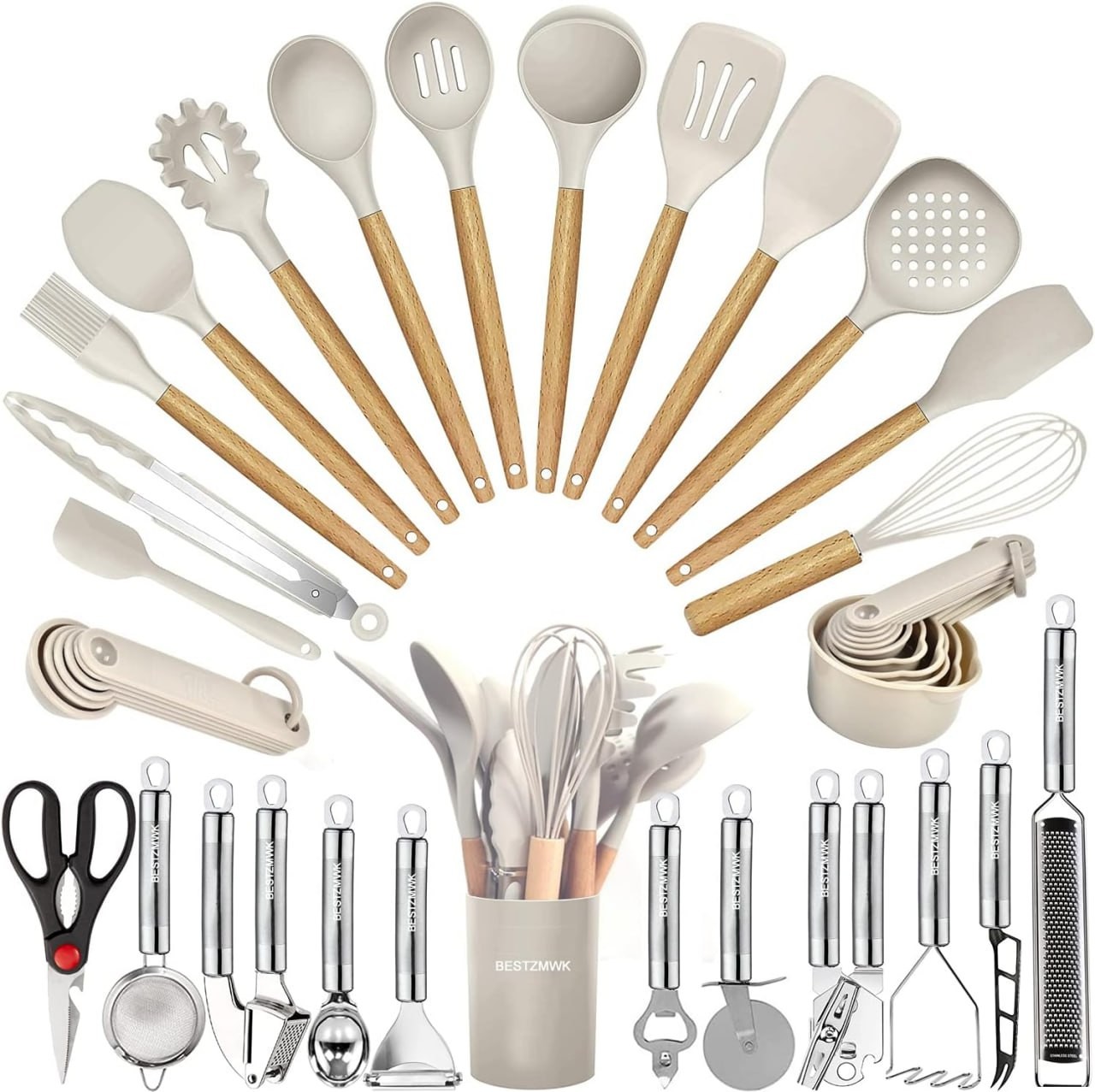 Kitchen Utensils Set- 35 PCs Cooking Utensils with Grater,Tongs, Spoon Spatula &Turner Made of Heat Resistant Food Grade Silicone and Wooden Handles Kitche