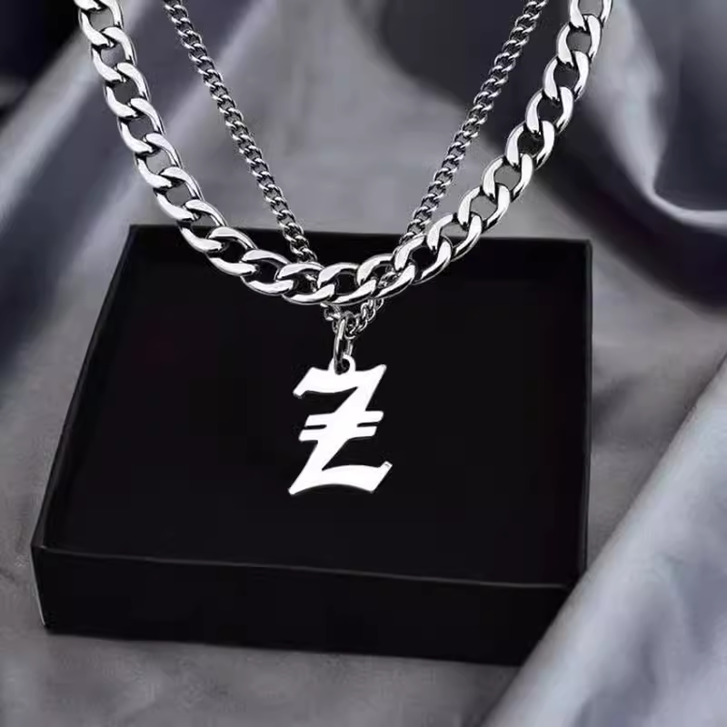 Cuban letter necklace men's trendy hip-hop niche sweater chain accessories boys trendy brand versatile titanium steel men's pendant