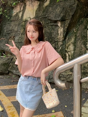 Wood ear doll collar sweet short-sleeved shirt female 2023 summer student cute bow Japanese small fresh shirt