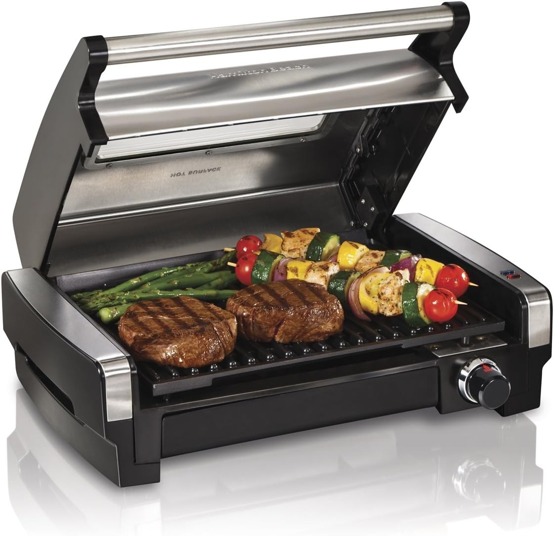 Hamilton Beach Electric Indoor Searing Grill with Viewing Window & Adjustable Temperature Control to 450F, 118 sq. in. Surface Serves 6, Removable Nonstic