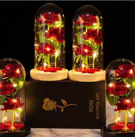 Glows in the dark Christmas Gift Box Artificial flowers Rose glass cover Valentine gift Gold roses Eternal love wedding decorati