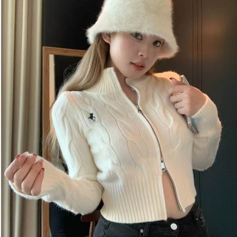 Korean half turtleneck double zipper sweater twist slim long sleeve top jacket for women#1211