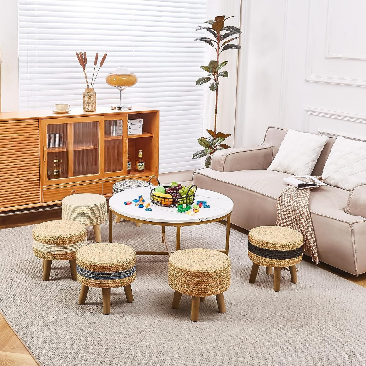 Cpintltr Round Ottoman Natural Seagrass Footstool Hand Weave Water Hyacinth Poufs Eco Friendly Sofa Foot Stool Soft Step Stool Padded Foot Rest with Pine Legs f