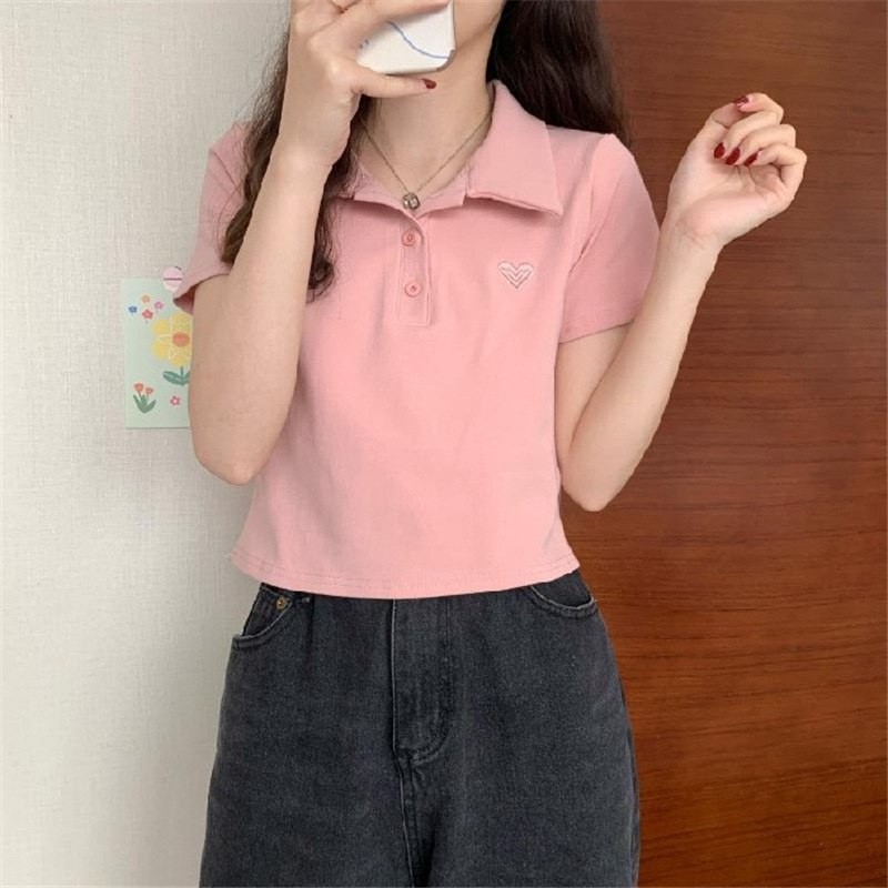 First love sweet front shoulder polo shirt 2022 new short-sleeved design sense niche t-shirt women's short top summer