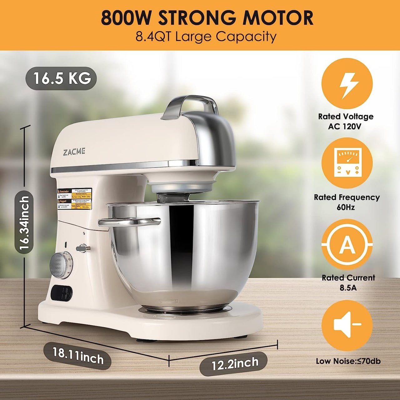 ZACME 8.4QT Commercial Stand Mixer 800W with Aluminum cast body and NSF Certified, Kitchen Electric Mixer Metal Food Mixer with Stainless Steel 8L Bowl, Dough Hook a
