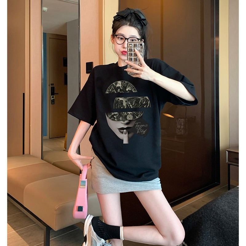 official picture spring and summer short-sleeved printed T-shirt four kinds of fabrics can choose pure cotton bag back collar Douyin quality