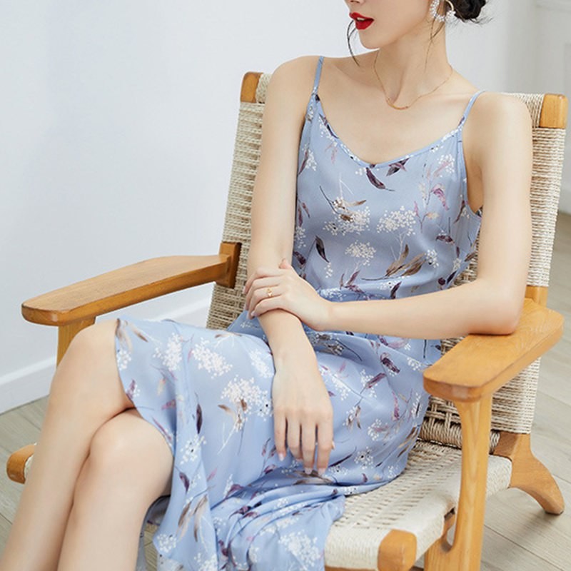 GELEISTORY sling silk floral dress women's summer 2022 new temperament slim v-neck mulberry silk sleeveless
