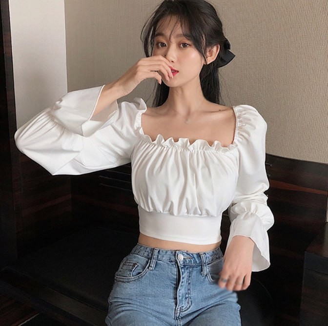 Korean Top Women's Puff Sleeve Crop Top Sexy Square Neck Short Chiffon Long Sleeve blouse Dress