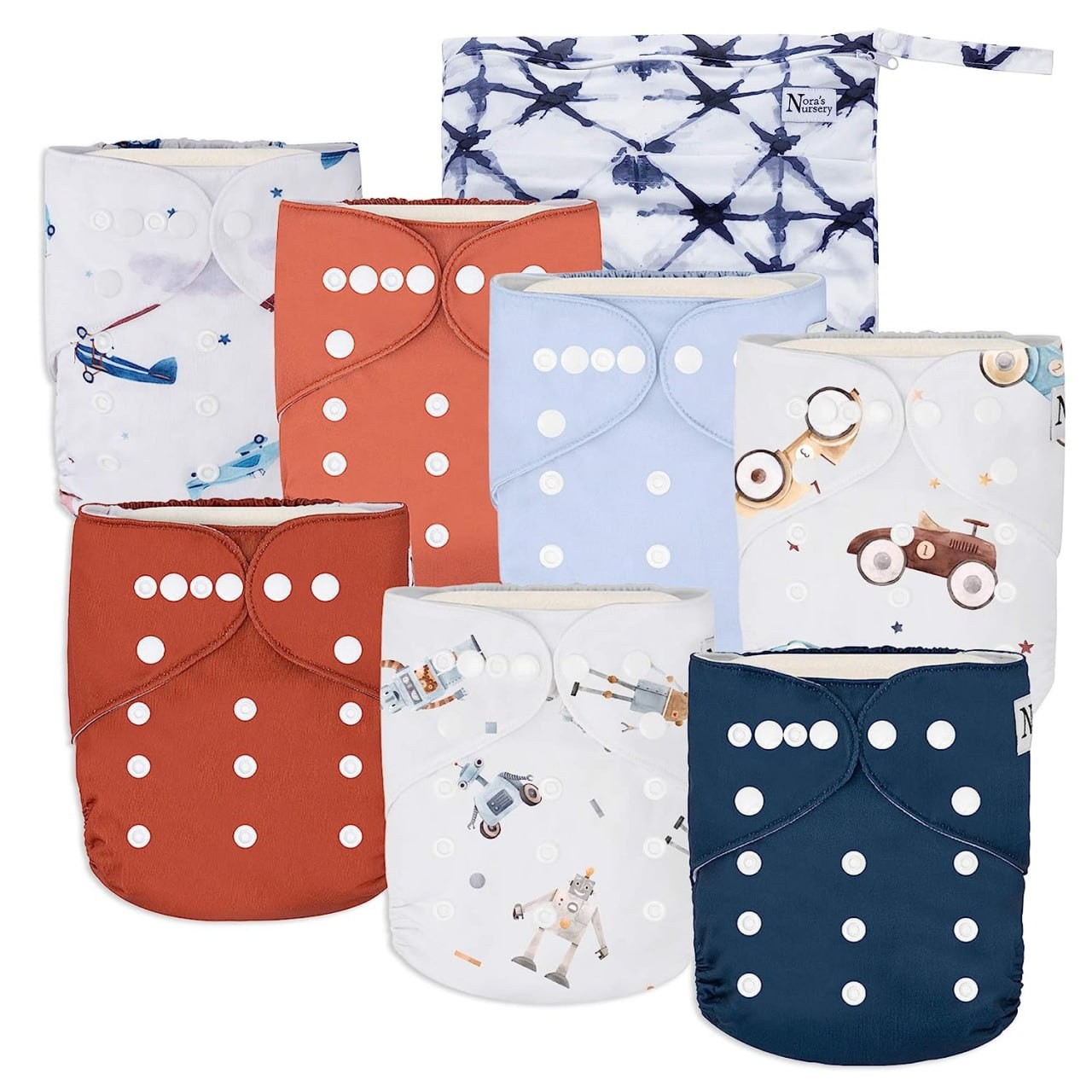Nora's Nursery Cloth Diapers 7 Pack with 7 Bamboo Inserts & 1 Wet Bag - Waterproof Cover, Washable, Reusable & One Size Adjustable Pocket Diapers for Newborns and Toddlers - Toy Box