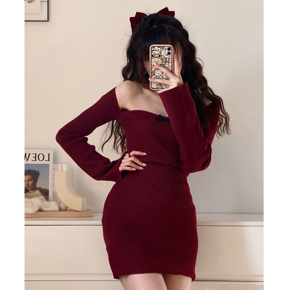 Korean New Year Party Square Neck Knitted Dress Slim Sexy Long Sleeve Dress Short Skirt for Women